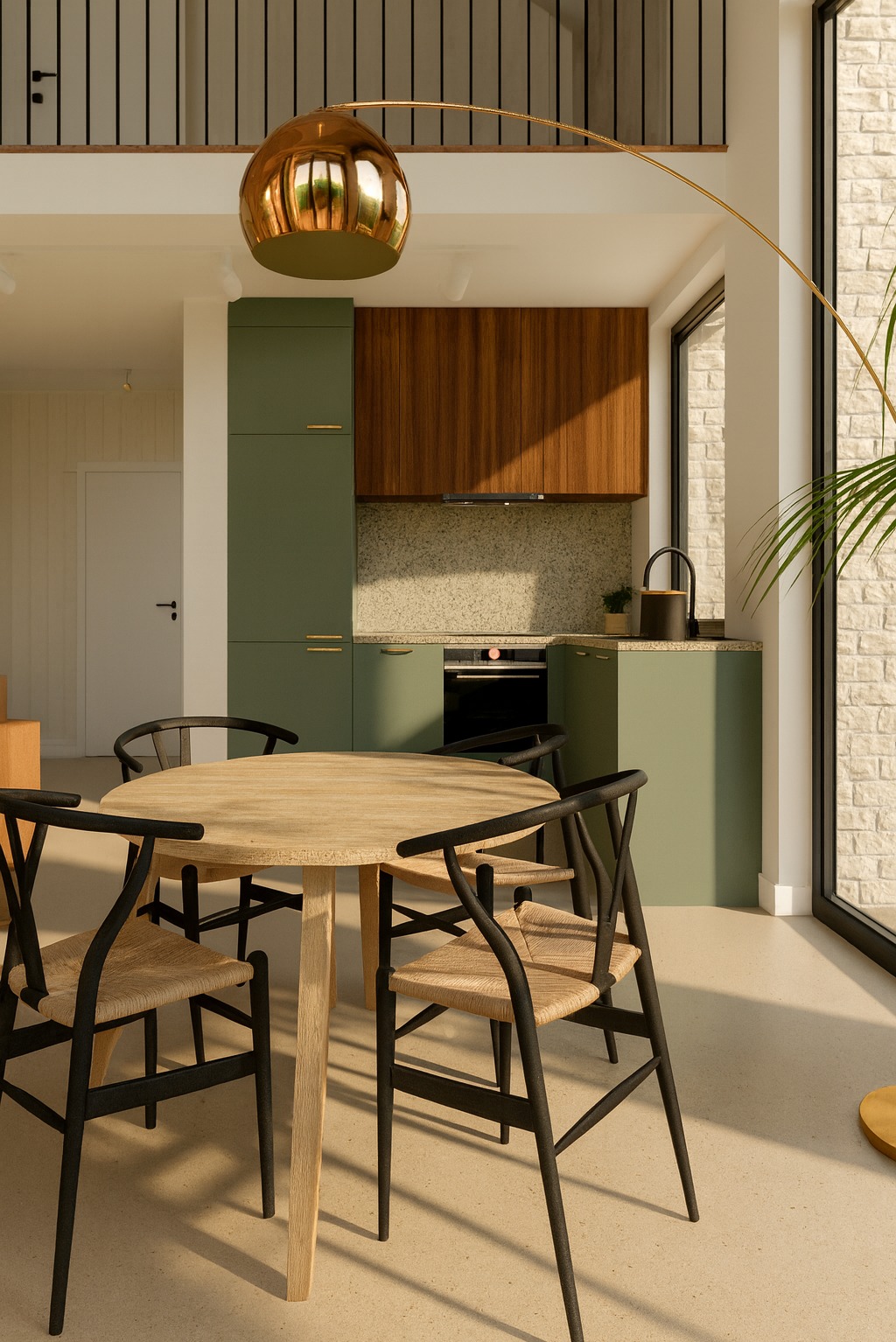 Jasne wnętrze: okrągły stół z krzesłami, zielona zabudowa kuchenna, drewniane szafki wiszące, lampa łukowa z miedzianym kloszem. Minimalistyczny design z rośliną doniczkową.
