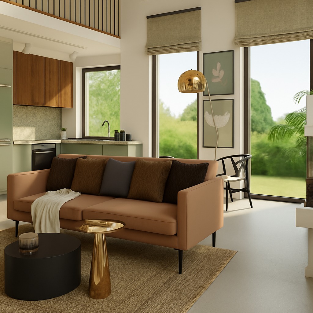 Jasny salon z kanapą w odcieniach brązu, czarnym stolikiem kawowym i złotymi akcentami. Widok na zieleń za oknem. Nowoczesny design z naturalnym światłem.