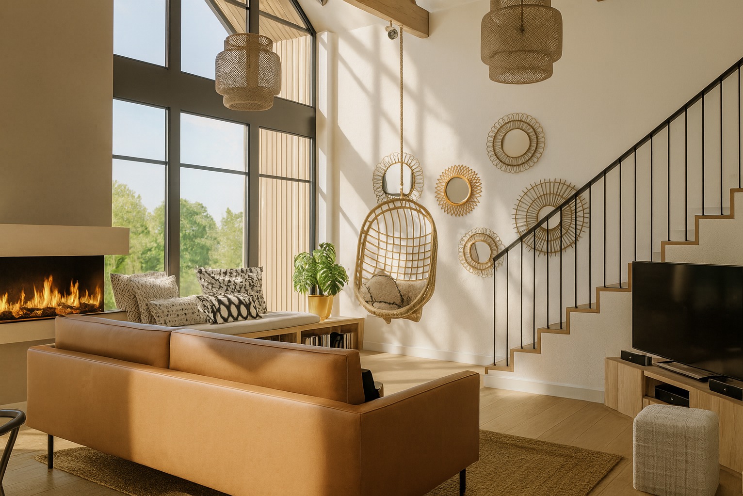 Jasny salon z dużym oknem, brązową sofą, wiszącym fotelem i kominkiem. Na ścianie dekoracyjne lustra. Naturalne materiały i ciepłe światło tworzą przytulną atmosferę.