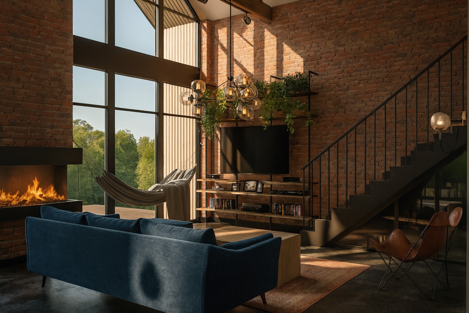 Loftowe wnętrze z ceglaną ścianą, kominkiem i hamakiem. Nowoczesny design z elementami naturalnymi, w tym roślinami nad telewizorem i dużym oknem.