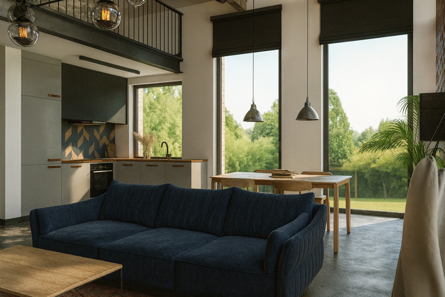 Nowoczesne wnętrze: granatowa sofa w salonie z otwartą kuchnią, duże okna z widokiem na zieleń, sufit z antresolą i wiszące lampy. Minimalistyczny design.