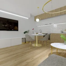 Wizualizacja wnętrza mieszkania: salon z aneksem kuchennym, drewniana podłoga, białe ściany z podświetleniem LED, okrągły stół z krzesłami na złotych nogach, marmurowy stolik kawowy, złota lampa...