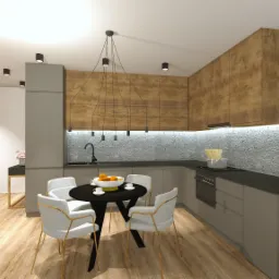 Wizualizacja nowoczesnej kuchni z drewnianymi szafkami górnymi, szarymi szafkami dolnymi i betonową ścianą, okrągły czarny stół z białymi krzesłami z złotymi nogami, wisząca lampa nad stołem...