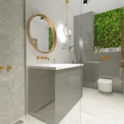 Wizualizacja nowoczesnej łazienki z szarymi płytkami imitującymi kamień, złotą armaturą i lustrem w owalnej, złotej ramie, z akcentem ściany z motywem mchu.