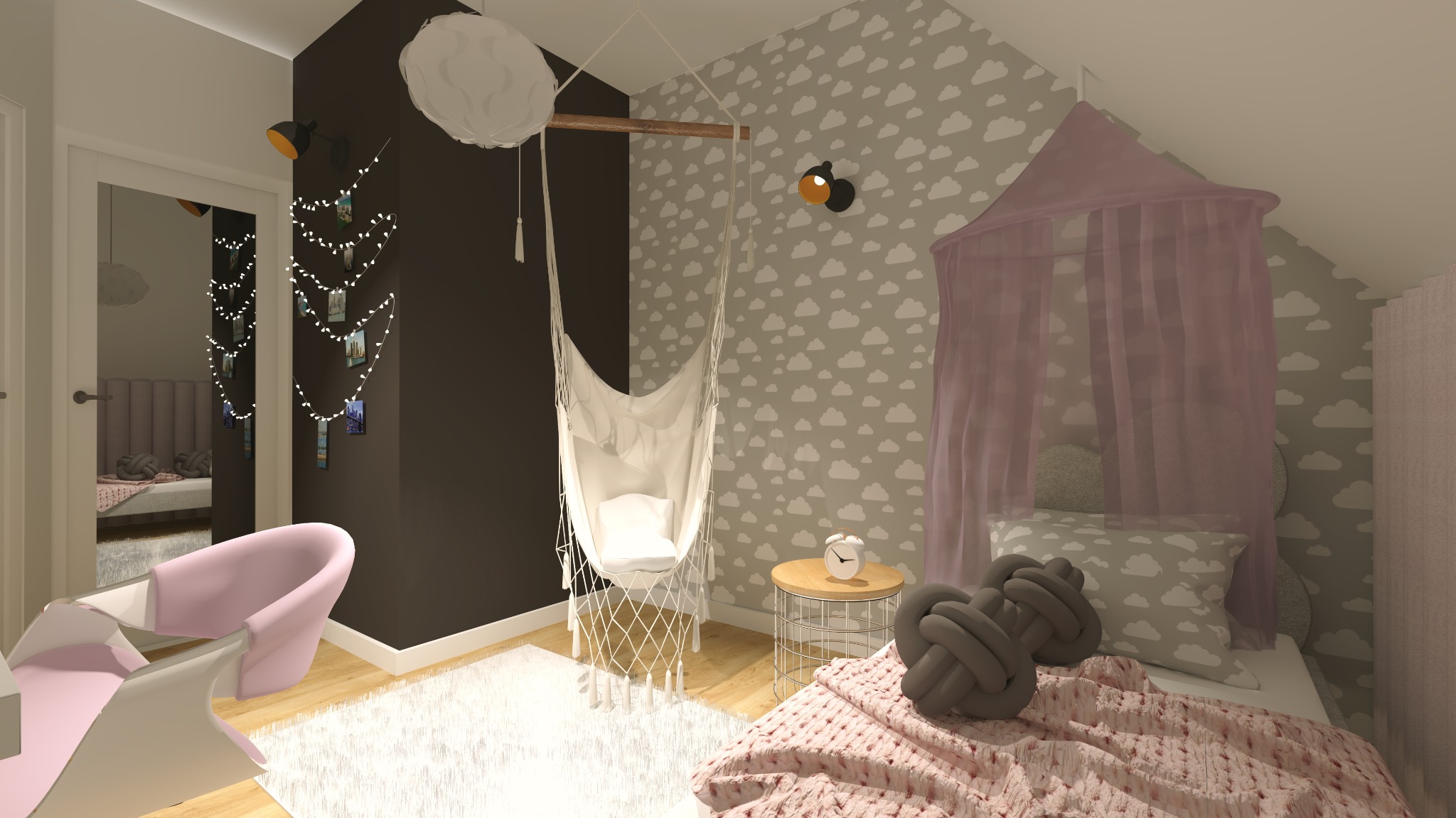 Pokój dziecięcy z łóżkiem pod baldachimem, wiszącym fotelem hamakowym, ścianą w chmurki i czarną ścianą z lampkami i zdjęciami, oświetlony lampkami i lampami.