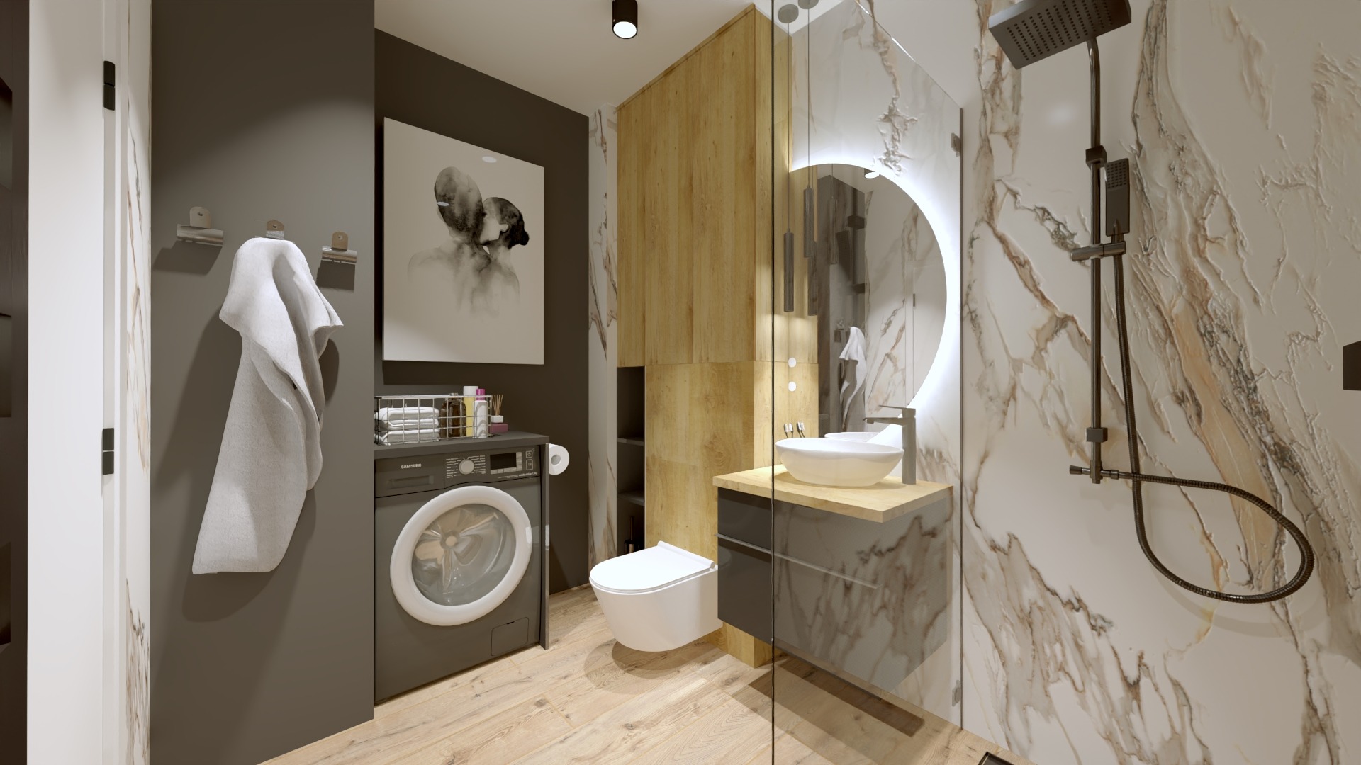 Nowoczesna łazienka z pralką, umywalką nablatową na szafce, toaletą i deszczownicą na tle marmurowej ściany, oświetlona okrągłym lustrem.