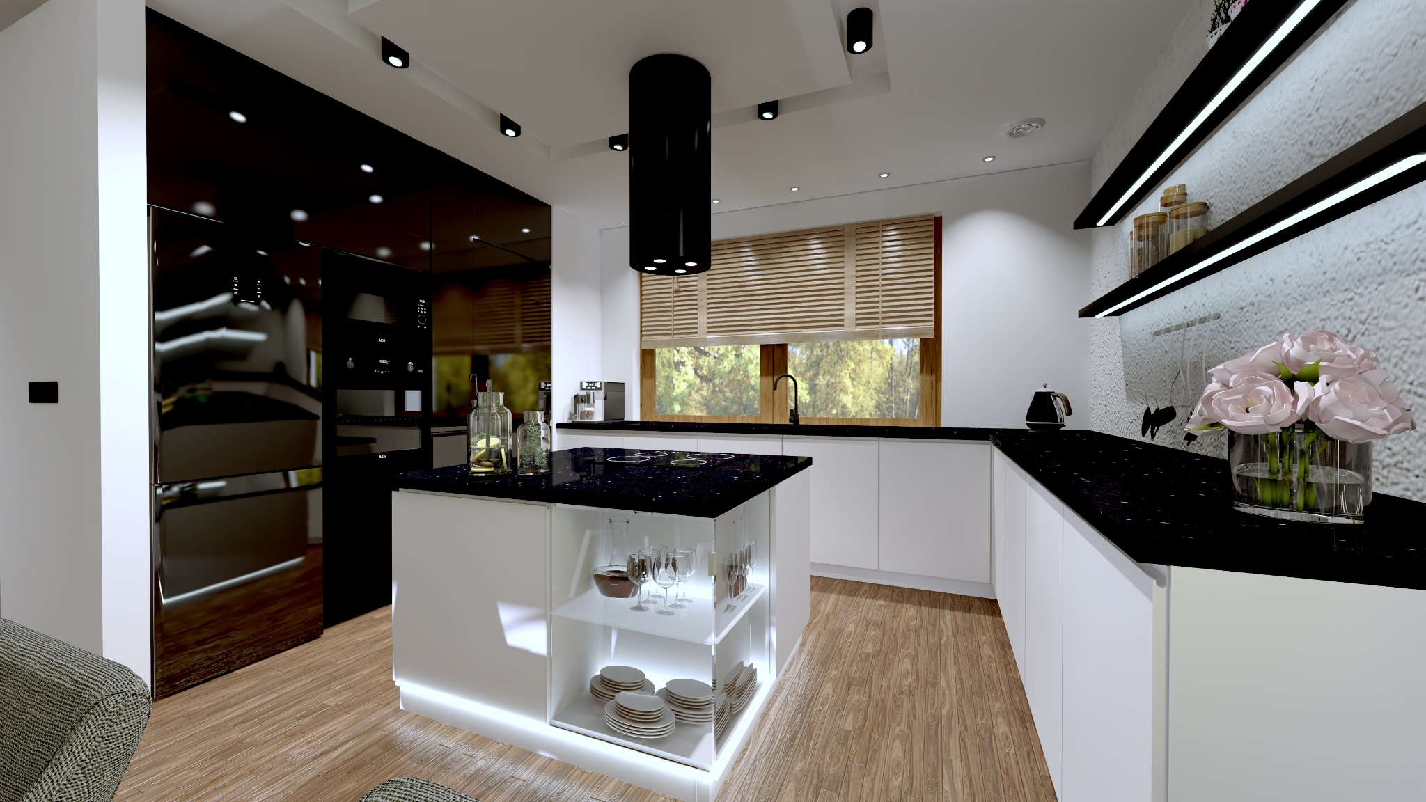 Nowoczesna kuchnia z wyspą, czarnym blatem z gwiazdkami, białymi szafkami z podświetleniem LED, czarnym okapem cylindrycznym i drewnianą podłogą.