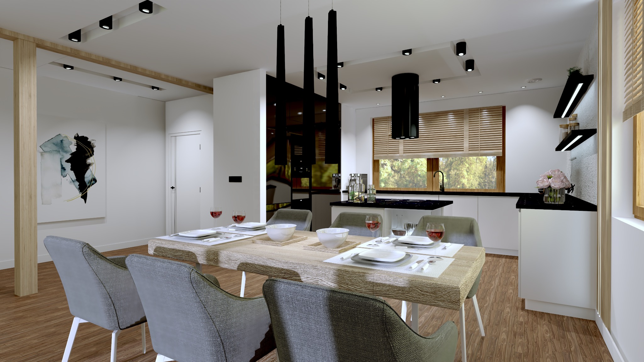 Wizualizacja jadalni z drewnianym stołem, szarymi krzesłami i zastawą stołową, na tle białej kuchni z czarnymi akcentami i oknem z żaluzjami.