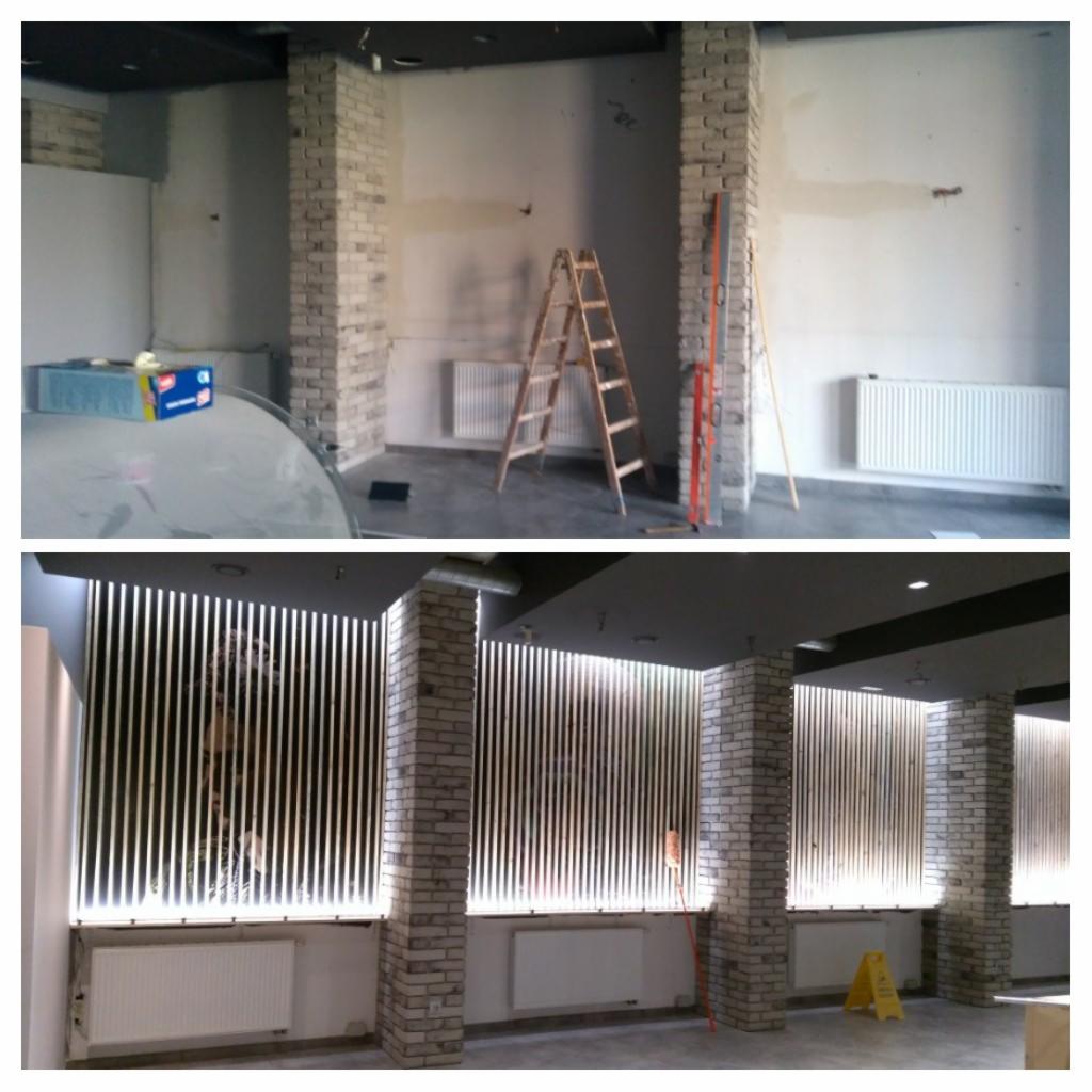 Dwa ujęcia tego samego pomieszczenia: górne przedstawia etap prac remontowych z surowymi ścianami, ceglanymi filarami, drabiną i grzejnikiem, a dolne ukazuje efekt po montażu ozdobnych, pionowych...