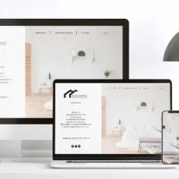 Responsywna strona internetowa agencji nieruchomości DOM INVEST prezentowana na monitorze, laptopie i smartfonie, z minimalistycznym designem i hashtagiem #NIERUCHOMOSCISZCZECIN.