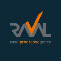 Logo firmy Raval Progress Agency z pomarańczowym symbolem wzrostu przypominającym strzałkę w górę i fajkę, na ciemnym niebiesko-szarym tle.