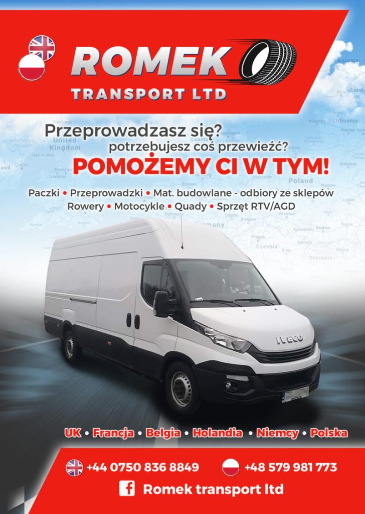 Reklamowa grafika przedstawiająca biało-czarnego busa transportowego marki Iveco na tle mapy Europy, z elementami graficznymi: logo firmy Romek Transport LTD, flagi Polski i Wielkiej Brytanii,...