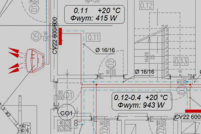 Rzut instalacji sanitarnej z zaznaczonym grzejnikiem, wentylacją i przewodami, zawierający dane techniczne i wymiary.