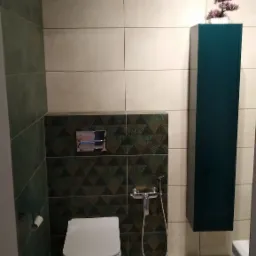 Nowoczesna toaleta podwieszana z baterią podtynkową i mozaiką w geometryczne wzory, uzupełniona o wysoką szafkę w kolorze butelkowej zieleni z dekoracyjną rośliną na górze.