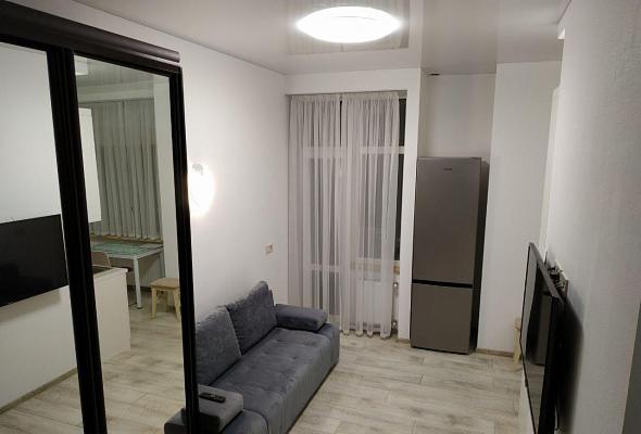 Wnętrze małego mieszkania: szara sofa, lodówka, telewizor na ścianie, okno z białymi zasłonami, widok z perspektywy lustra w szafie.