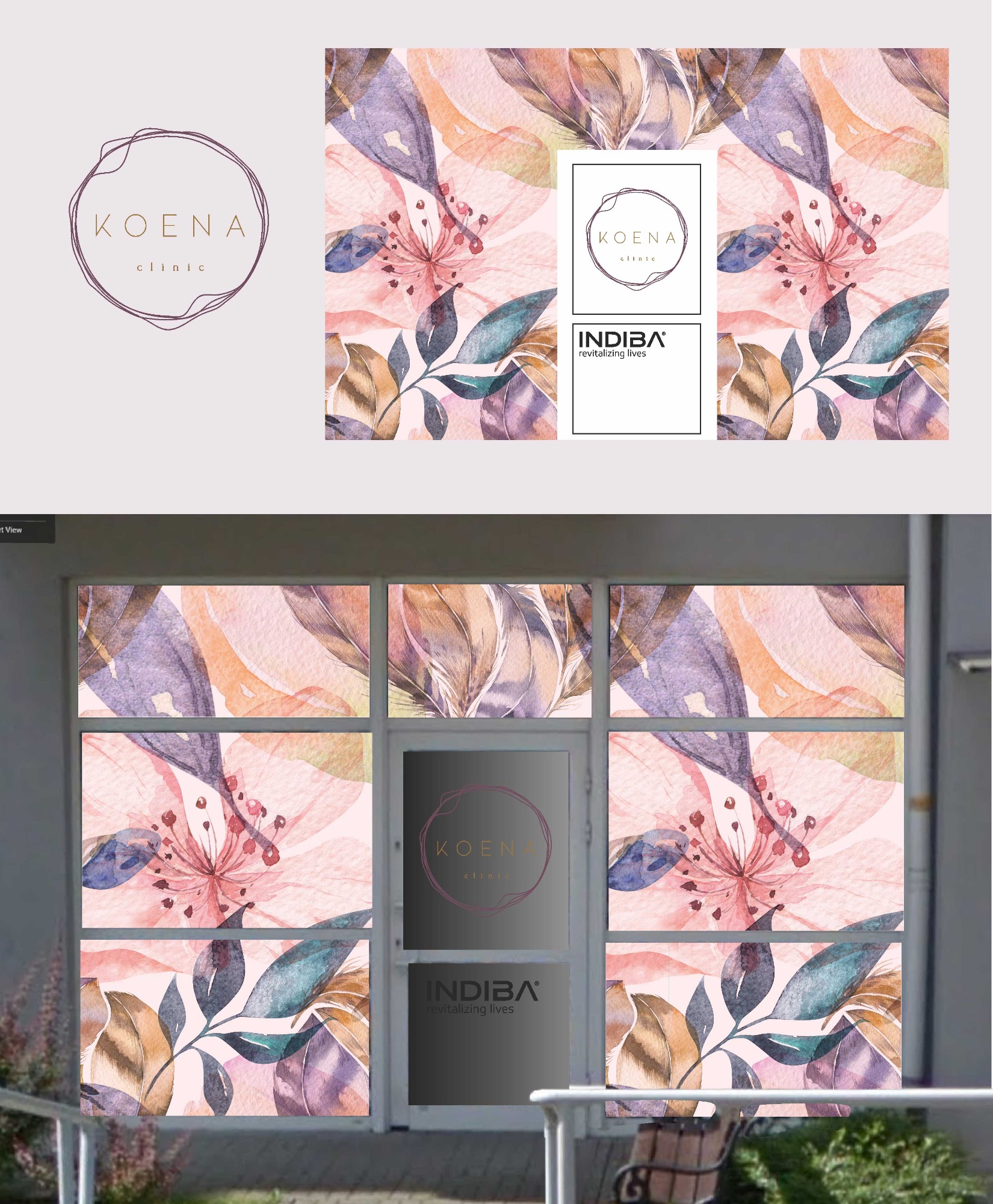 Okna i drzwi kliniki ozdobione folią z motywem akwarelowych kwiatów i liści oraz logo i nazwą kliniki.