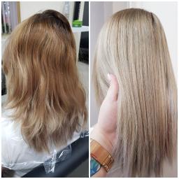 Em Studio Salon Fryzjerski - Porównanie włosów przed i po koloryzacji: odrosty i nierównomierny kolor kontra jasny, jednolity blond.