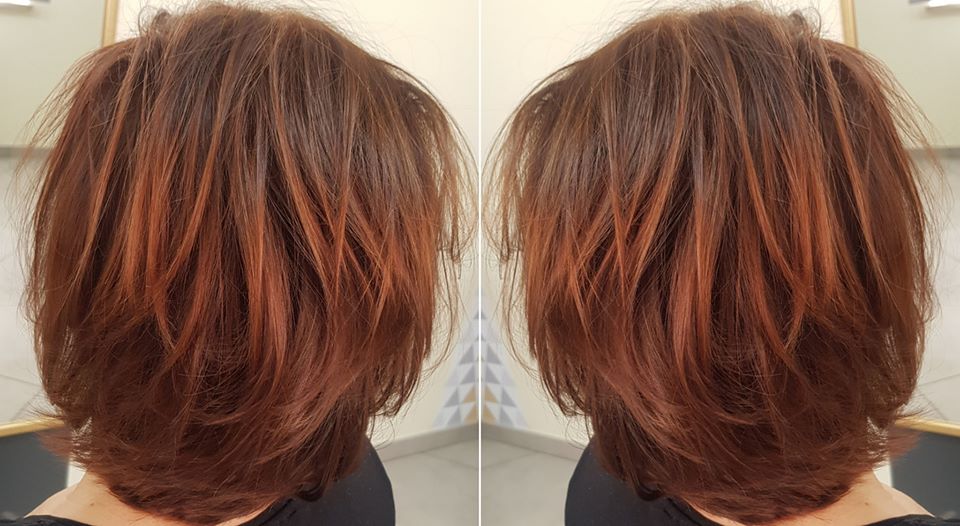 Krótkie, warstwowe cięcie włosów w odcieniach brązu i miedzi, widoczne z tyłu głowy, z efektem lustrzanego odbicia.