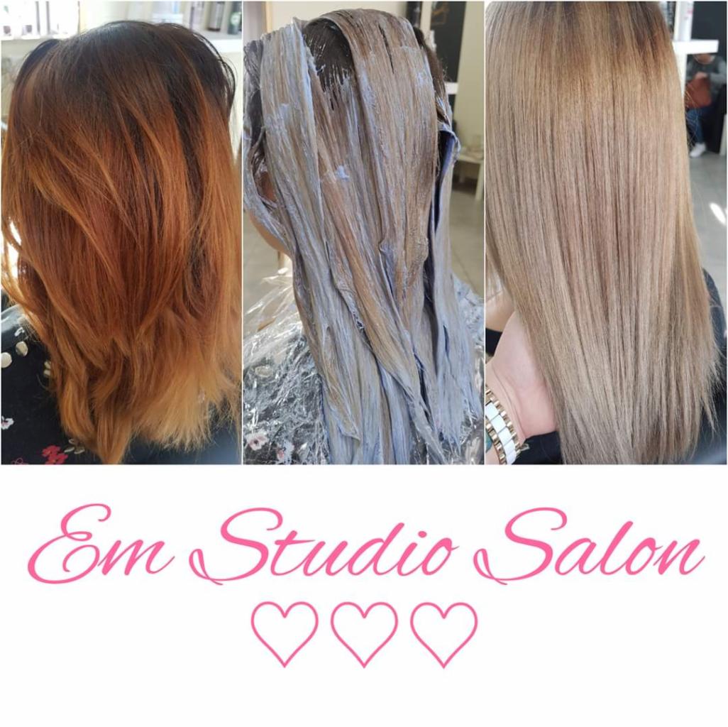 Koloryzacja włosów: od miedzianego ombre, przez nakładanie farby, do chłodnego blondu, prezentacja w trzech etapach na jednym zdjęciu.