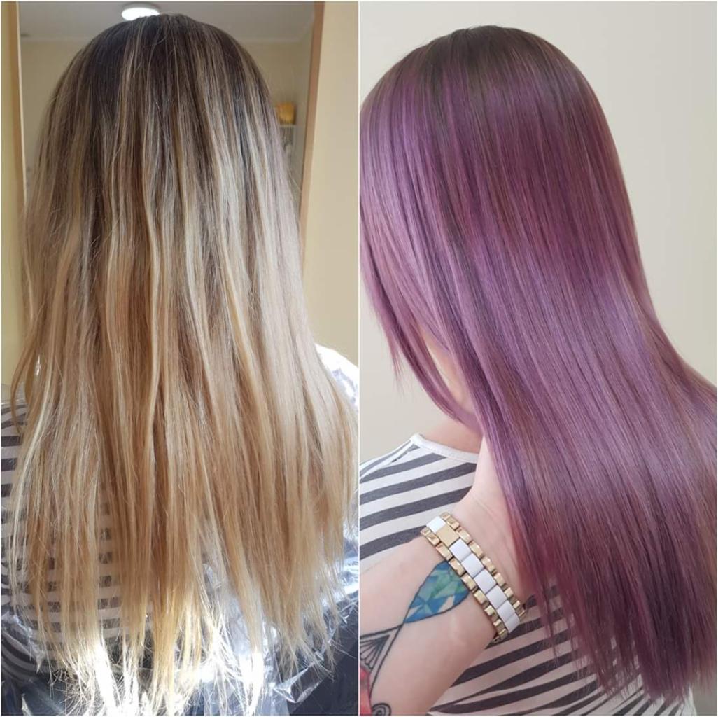 Porównanie włosów przed i po koloryzacji: z prawej gładkie, liliowe włosy, z lewej blond włosy przed zabiegiem.