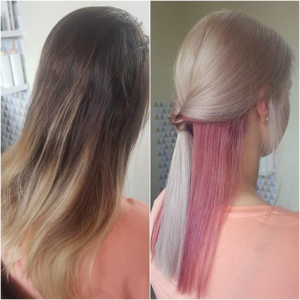 Transformacja koloru włosów: od brązu z ombre do blond z różowymi pasemkami, widoczne przed i po zabiegu, włosy spięte z tyłu głowy.