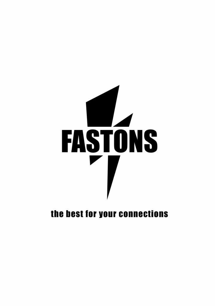 Logo firmy FASTONS z symbolem błyskawicy, slogan: the best for your connections.