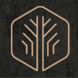 Abstrakcyjny, geometryczny symbol drzewa w sześciokącie, beżowy kontur na teksturowanym, ciemnym tle.