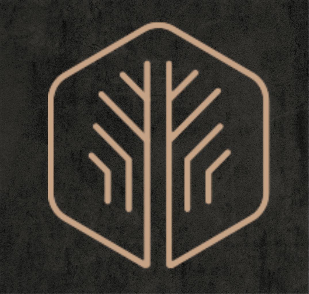 Abstrakcyjny, geometryczny symbol drzewa w sześciokącie, beżowy kontur na teksturowanym, ciemnym tle.