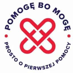 Logo z czerwonym symbolem serca połączonego w nieskończoność i napisem 'POMOGĘ BO MOGĘ. PROSTO O PIERWSZEJ POMOCY' w kolorze granatowym.