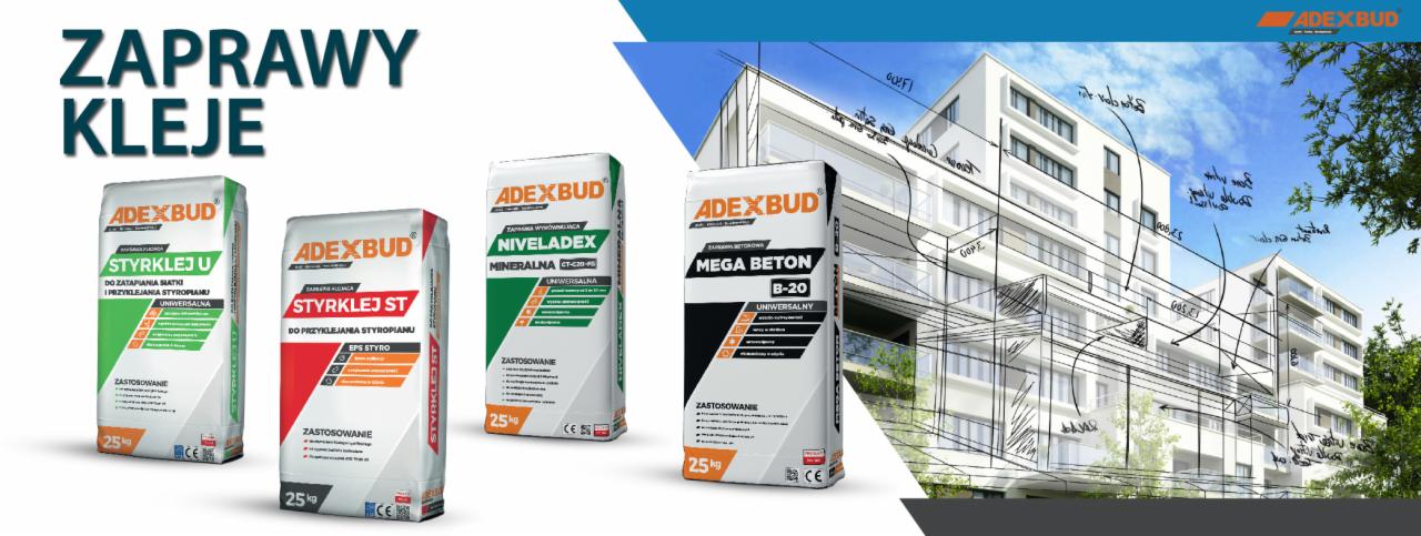 Wizualizacja materiałów budowlanych Adexbud: kleje, zaprawy, beton, na tle projektu architektonicznego nowoczesnego budynku.