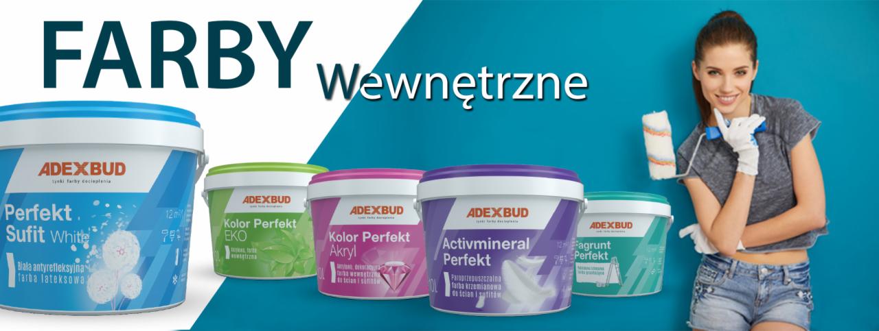 Puszki z farbami wewnętrznymi marki Adexbud w różnych kolorach i rodzajach, obok uśmiechnięta kobieta trzymająca wałek do malowania na tle niebieskiej ściany.
