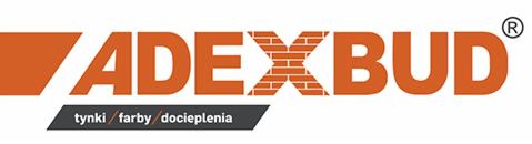 Pomarańczowe logo firmy Adexbud z motywem cegieł, oferującej tynki, farby i docieplenia.