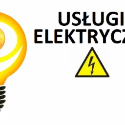 Grafika reklamowa: żarówka z uśmiechniętą buźką, napis 'USŁUGI ELEKTRYCZNE' i symbol ostrzegawczy wysokiego napięcia.