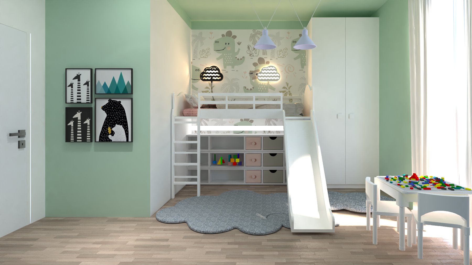 Pokój dziecięcy z łóżkiem piętrowym zjeżdżalnią, białymi meblami, dywanem w kształcie chmury i dekoracjami ściennymi z motywami zwierzęcymi, oświetlony lampami w kształcie chmur.