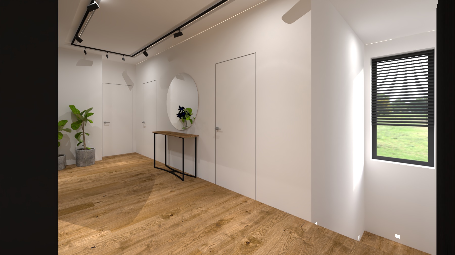 Minimalistyczny przedpokój z drewnianą podłogą, białymi ścianami, okrągłym lustrem nad konsolą, oświetleniem szynowym i roślinami w donicach.