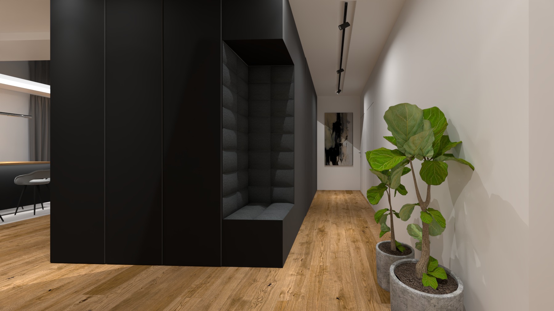 Nowoczesny korytarz z drewnianą podłogą, czarną zabudową meblową z wnęką do siedzenia wyłożoną panelami tapicerowanymi, oświetleniem szynowym i roślinami doniczkowymi.