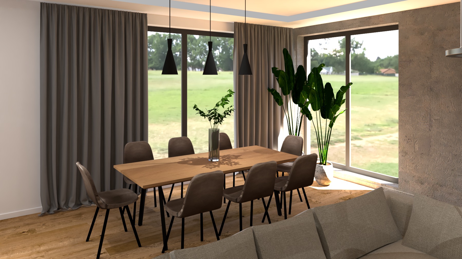 Jasna jadalnia z drewnianym stołem, ośmioma krzesłami w odcieniach brązu i wysokimi oknami z widokiem na zieleń. Minimalistyczne lampy wiszące nad stołem, a obok okna duża roślina doniczkowa.