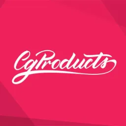 Białe, kaligraficzne logo 'CgProducts' na różowym tle z subtelnymi, geometrycznymi cieniami.