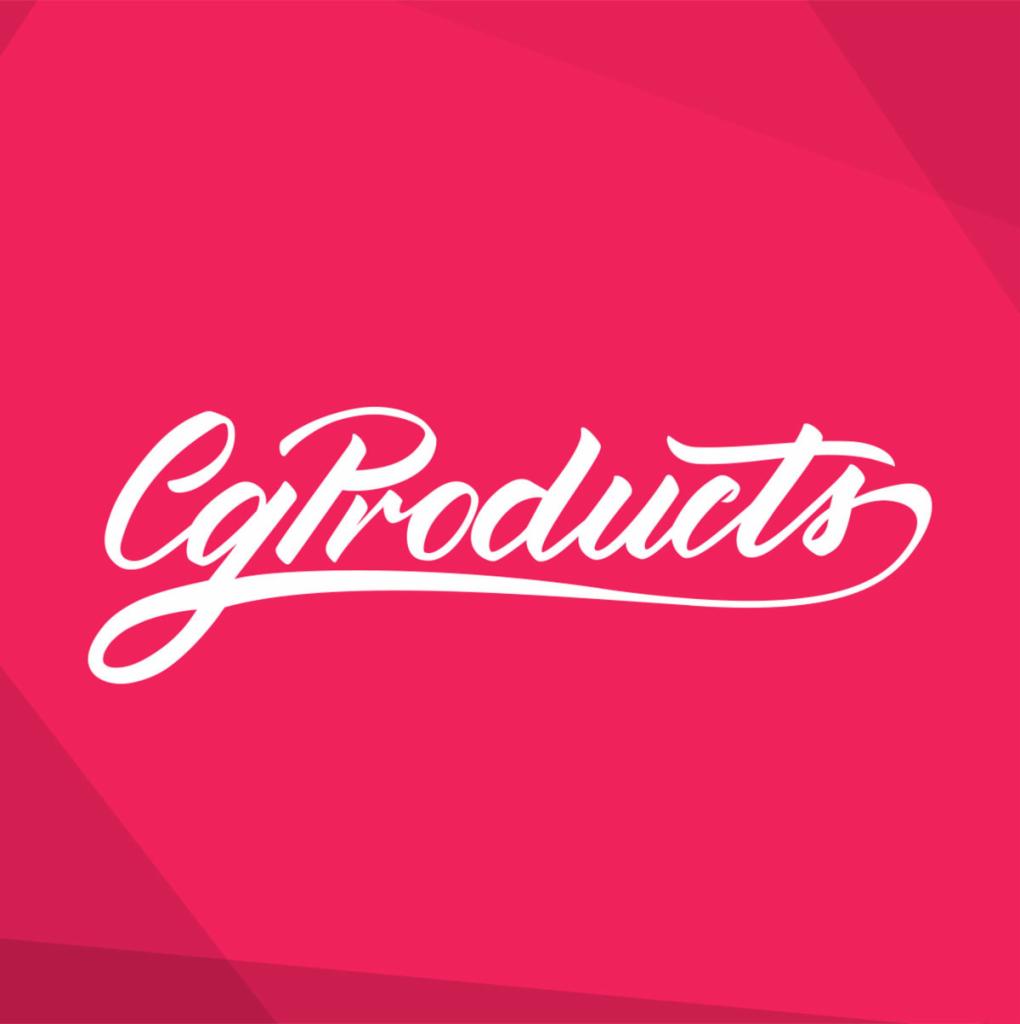 Eleganckie, białe logo 'CgProducts' na gradientowym, różowym tle z subtelnymi geometrycznymi elementami.