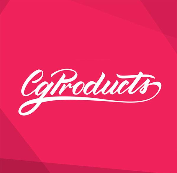 Białe, kaligraficzne logo 'CgProducts' na różowym tle z subtelnymi, geometrycznymi cieniami.