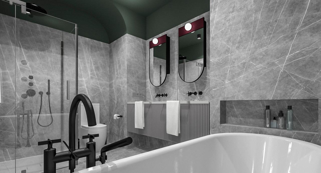 Nowoczesna łazienka z szarymi marmurowymi płytkami, owalną wanną, czarną armaturą, podwójną umywalką z lustrami z podświetleniem i wnęką na kosmetyki.