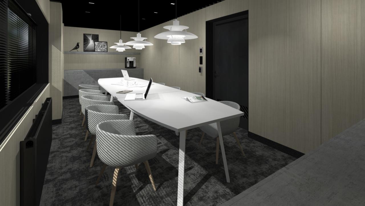 Wizualizacja sali konferencyjnej z długim białym stołem, szarymi krzesłami, trzema lampami wiszącymi i dwoma laptopami na stole.