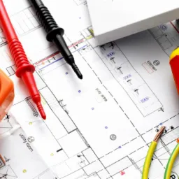 Multimetr, przewody pomiarowe, kabel elektryczny i śrubokręt na planie instalacji elektrycznej domu, widoczne oznaczenia pomieszczeń: kuchnia, pokój zabaw, pomieszczenie gospodarcze.