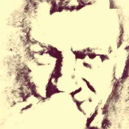 Stylizowany portret mężczyzny z brodą, przypominający szkic lub rysunek, w odcieniach sepii.