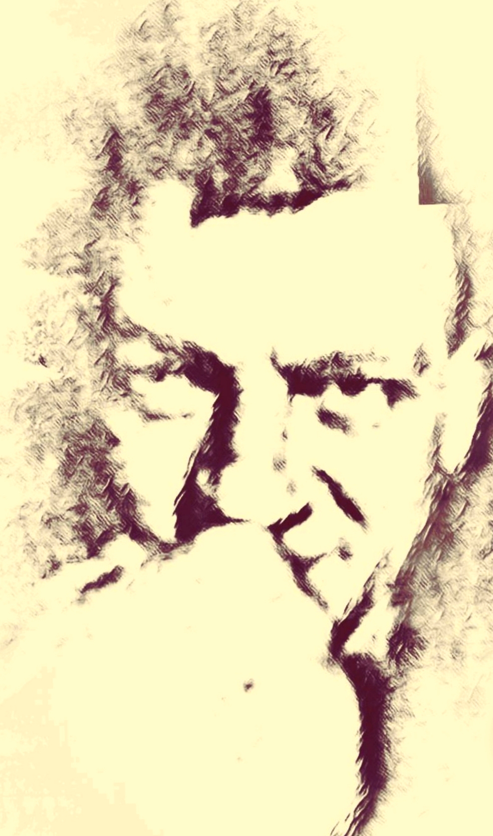 Stylizowany portret mężczyzny z brodą, przypominający szkic lub rysunek, w odcieniach sepii.