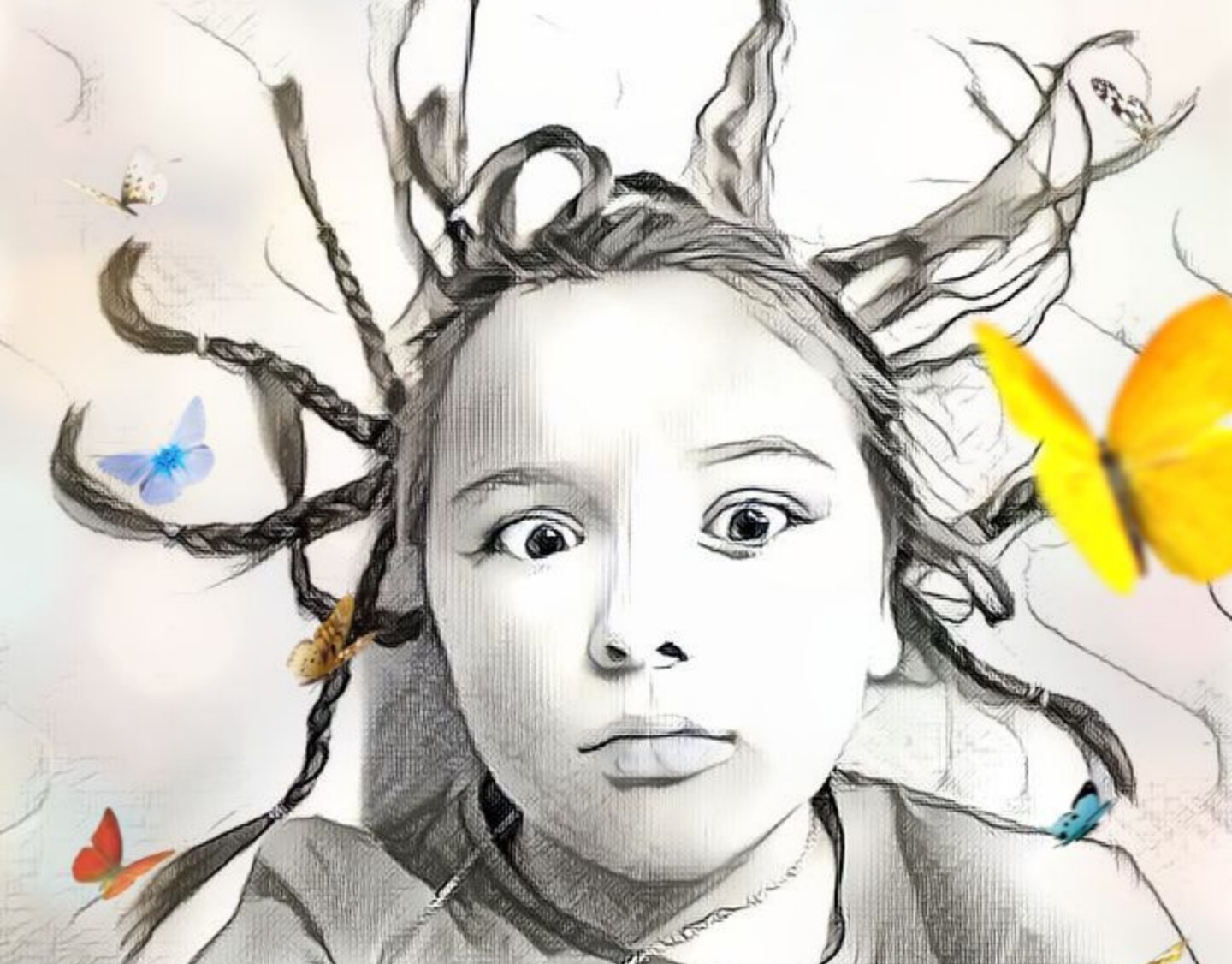 Szkic portretowy dziewczynki z zaplecionymi warkoczami ozdobionymi motylami w różnych kolorach.