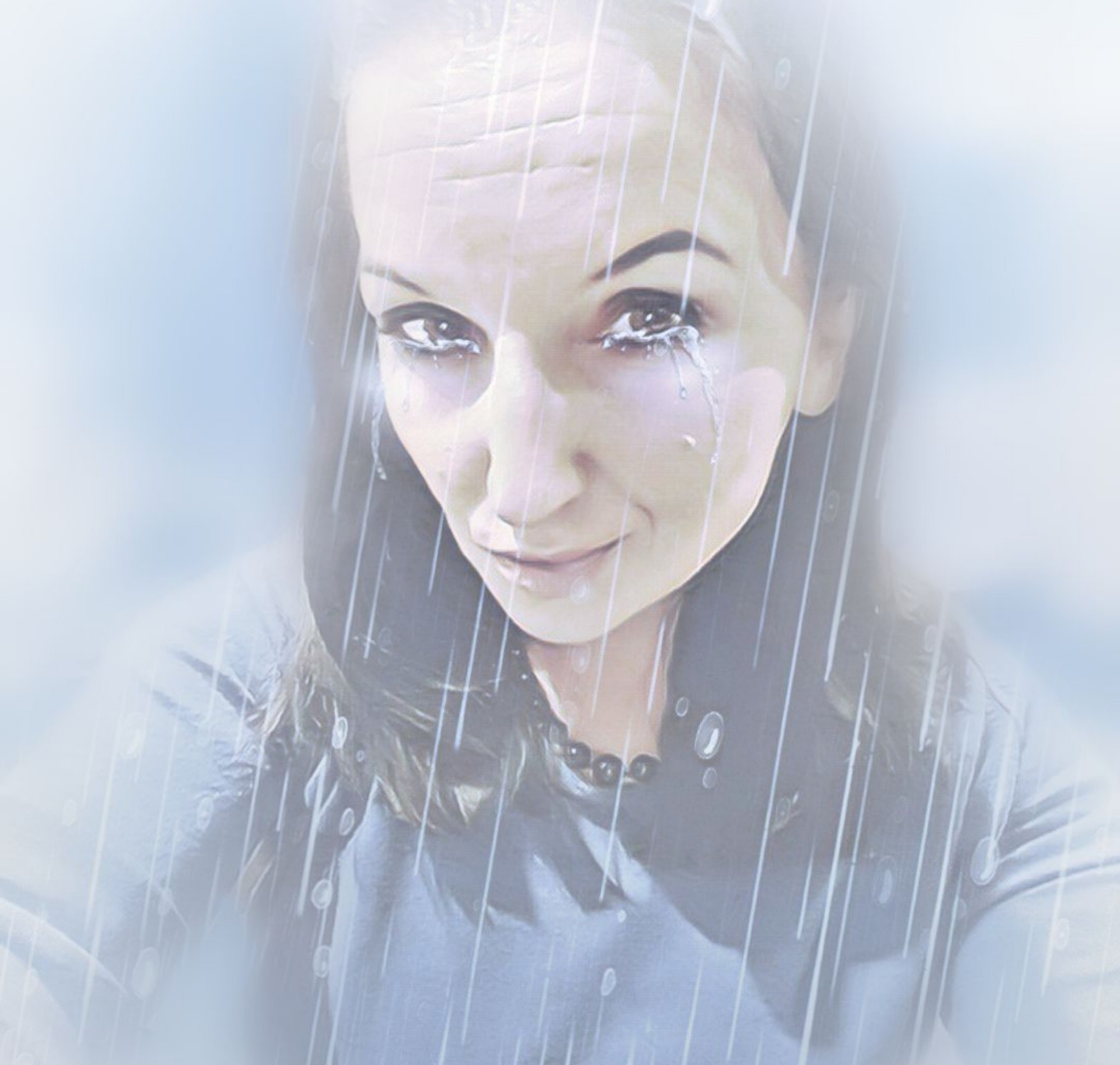 Portret kobiety z łzami spływającymi po policzkach, nałożony efekt deszczu, skierowana w dół głowa