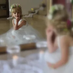 Dziewczynka w białej sukience i wianku na głowie, siedząca na podłodze z zapalonymi świecami, odbicie w lustrze