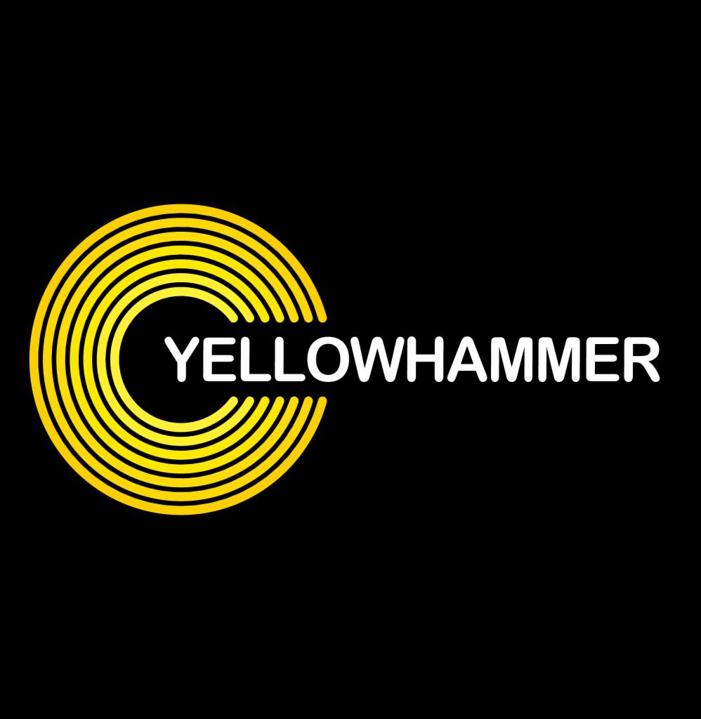 Logo firmy Yellowhammer z żółtym symbolem przypominającym literę C utworzoną z koncentrycznych okręgów na czarnym tle.