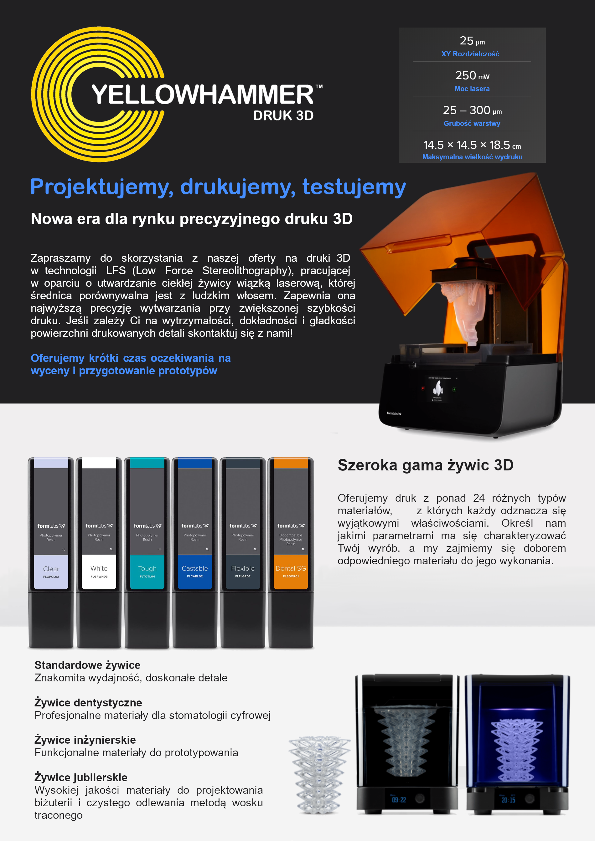 Grafika reklamowa drukarki 3D marki Yellowhammer z informacjami o parametrach druku, gamie dostępnych żywic i technologii LFS.